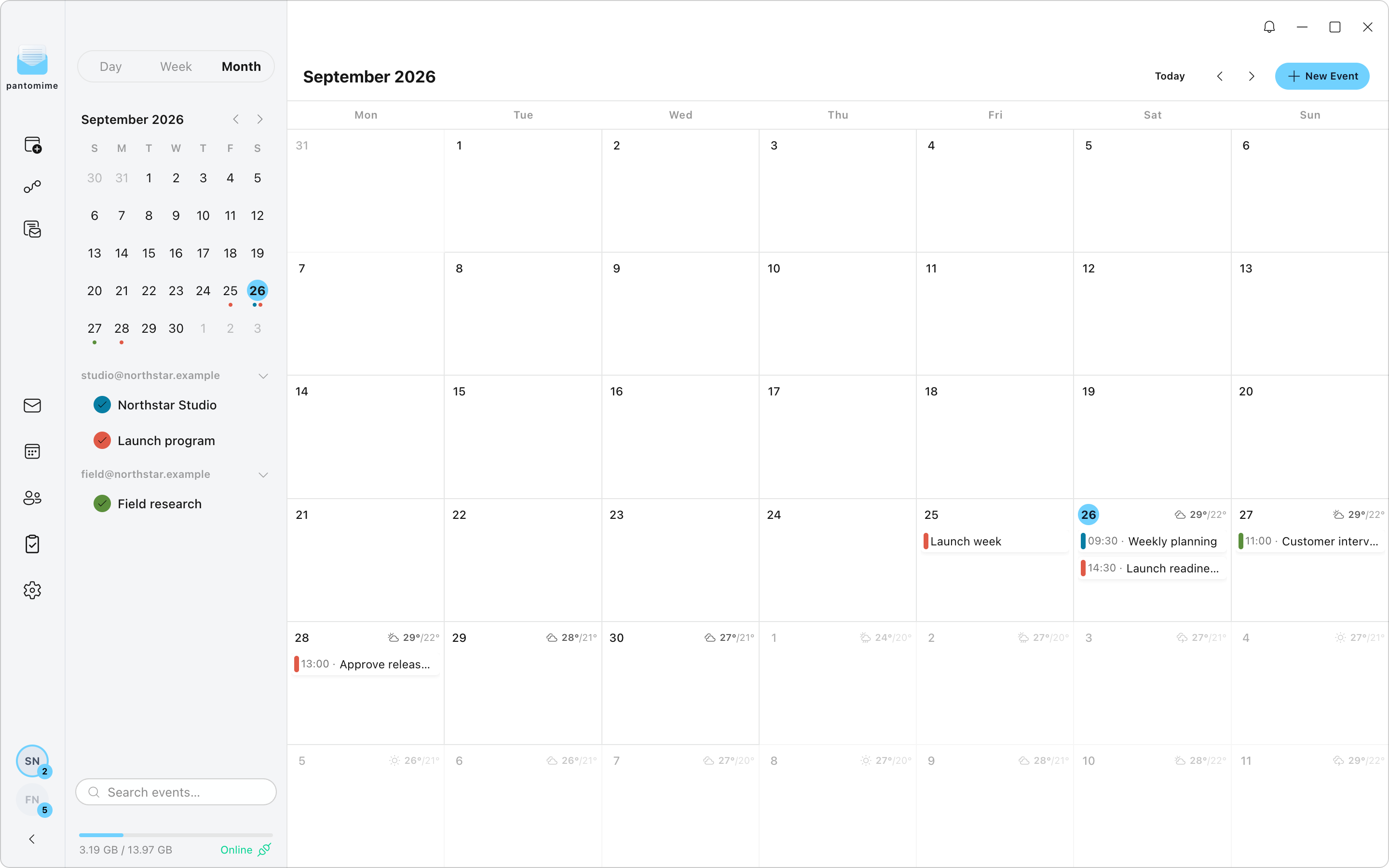 Pantomime desktop calendar with fictional events