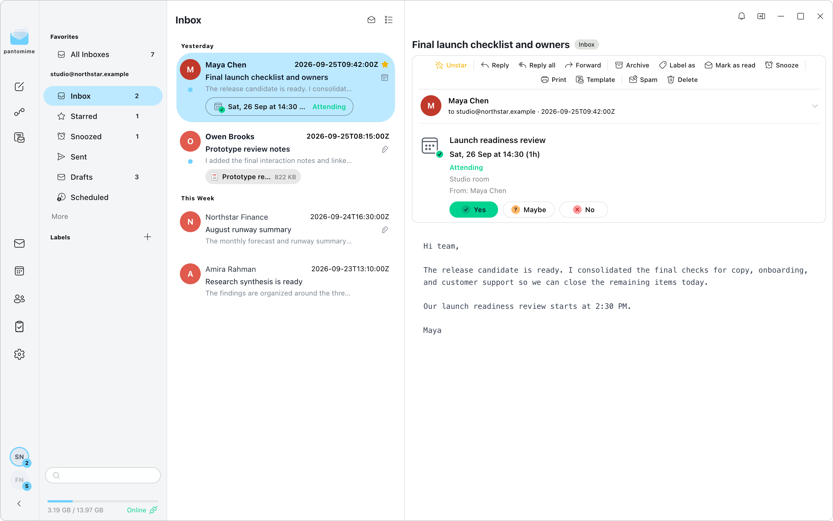 Pantomime desktop inbox and message reader