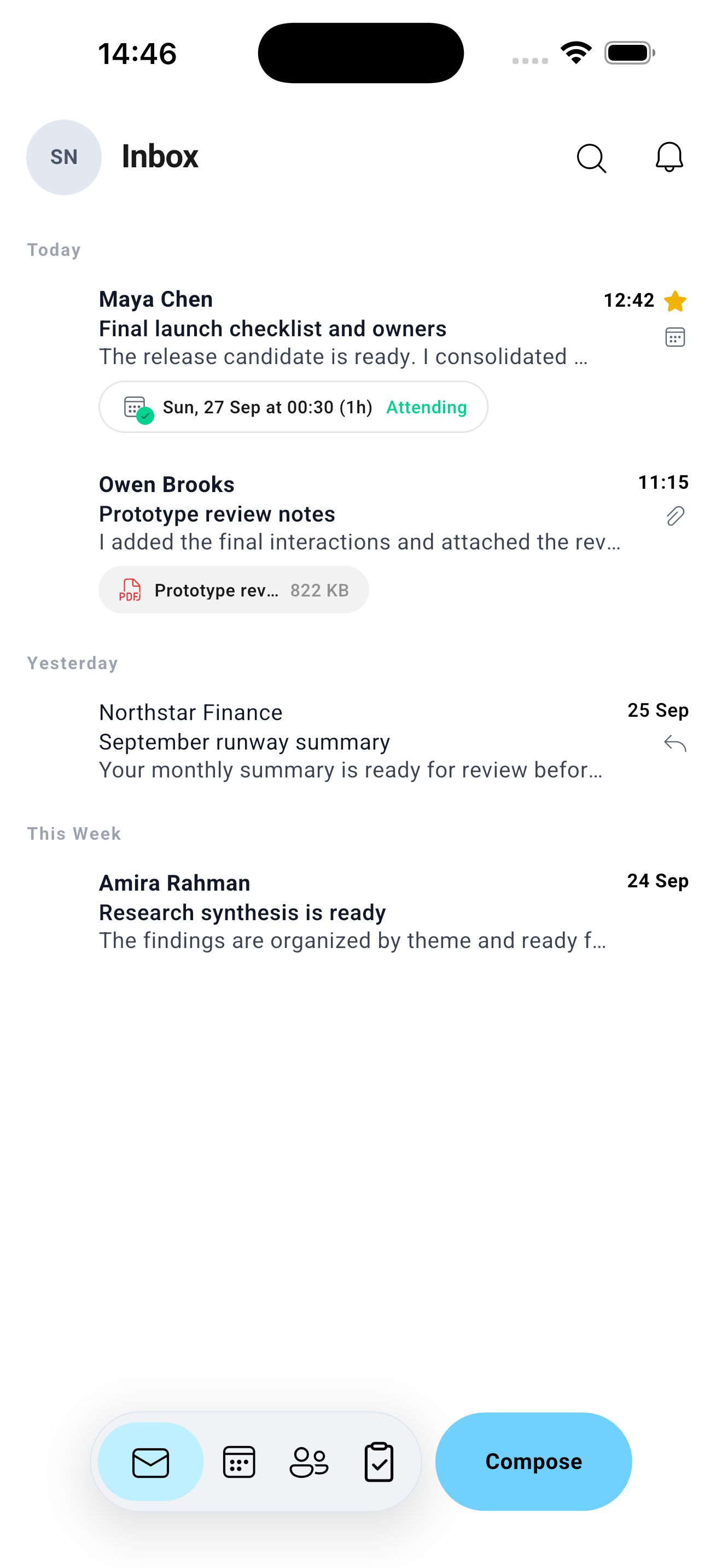 The Pantomime mobile inbox with fictional Northstar Studio messages